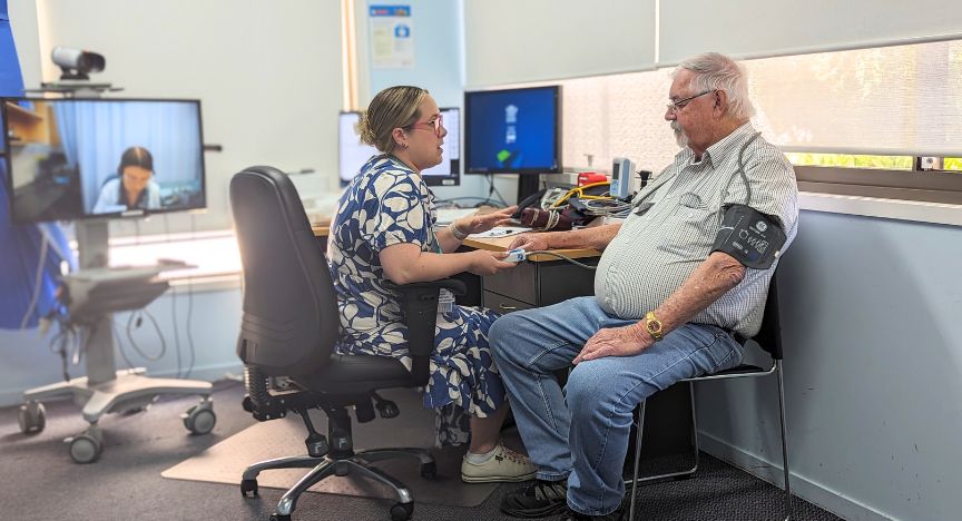 Darcie White and John Barnes during a telehealth consult for Ambulatory Blood Pressure Monitoring in Longreach.