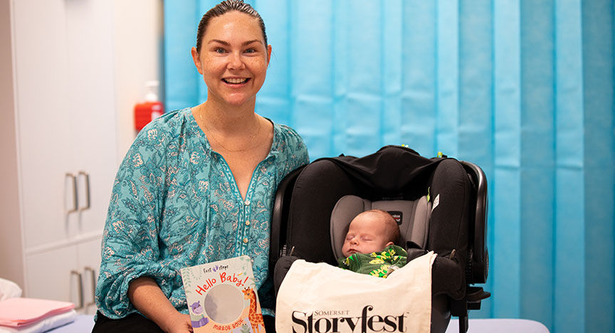 Image for Baby Hudson gets first Storyfest book donation for 2023