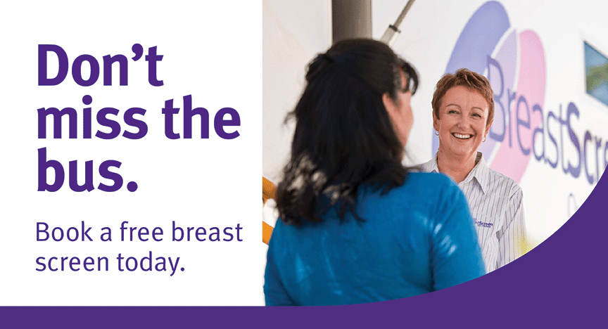 Two women standing in front of a BreastScreen Queensland mobile van with text: Don't miss the bus. Book a free breast screen today.