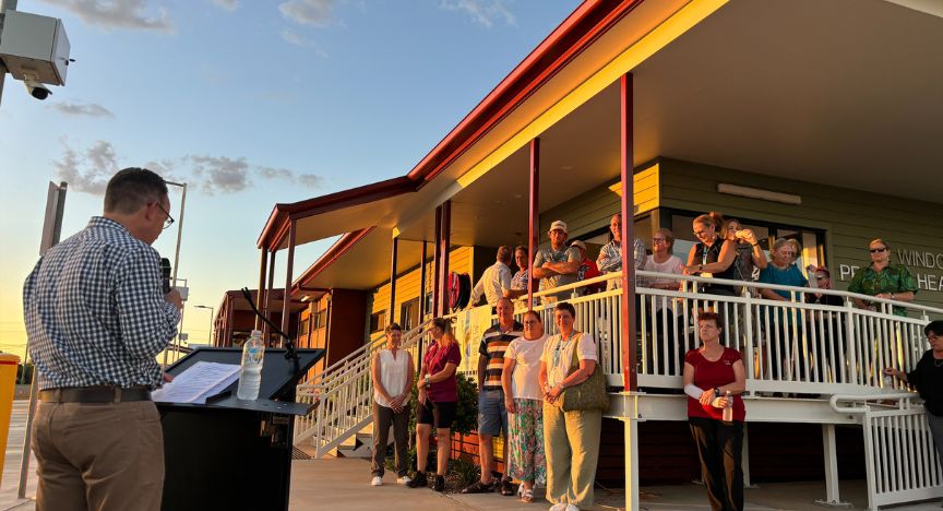 A picture of the Windorah community celebrating the one year anniversary of the PHC opening.
